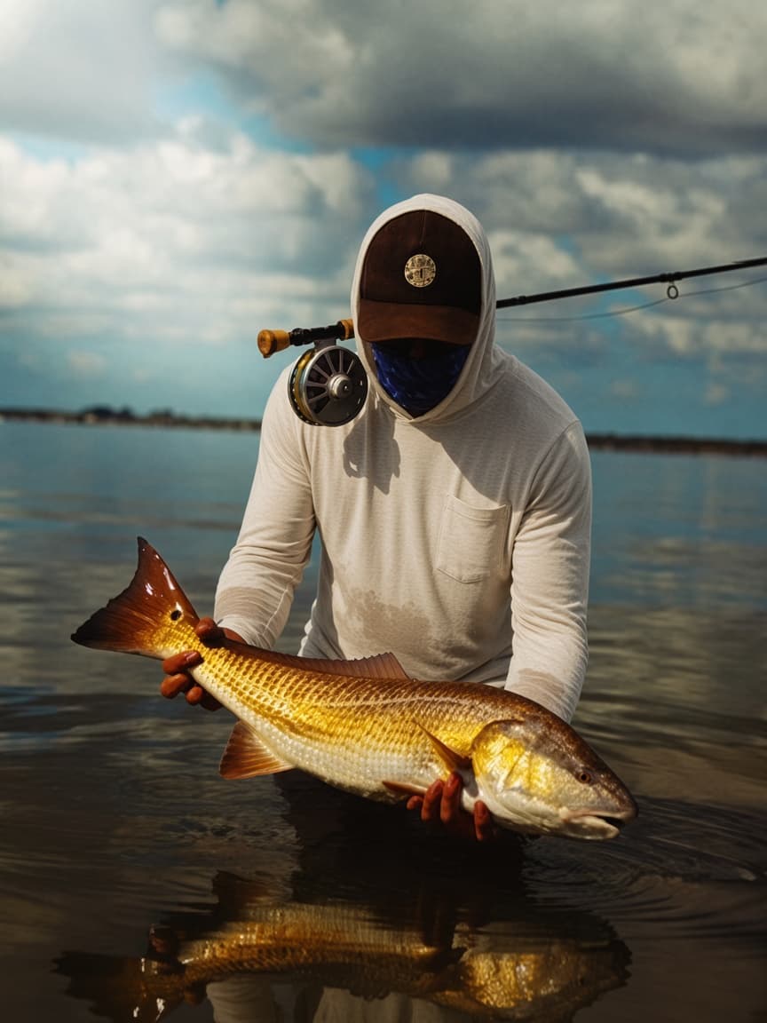 Wading the flats in the Twin Fin sun hoodie with a redfish