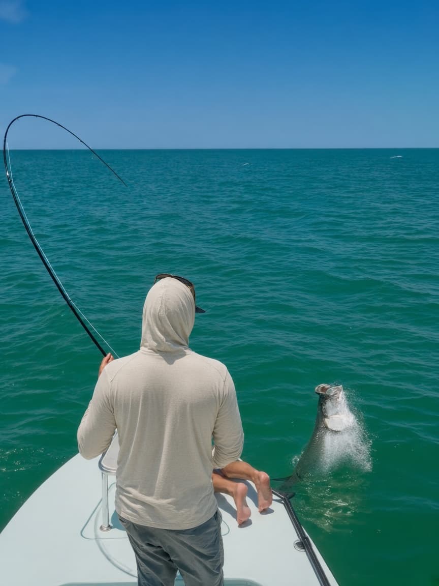 Twin Fin sun hoodie hood worn over a cap while fighting a tarpon